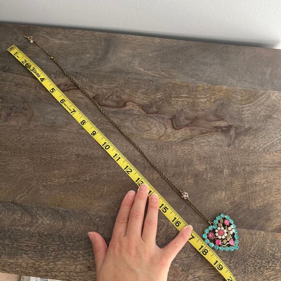 Betsey Johnson Signed Pink and Blue Gem Floral Heart Necklace on Bronze Chain - Picture 2 of 7